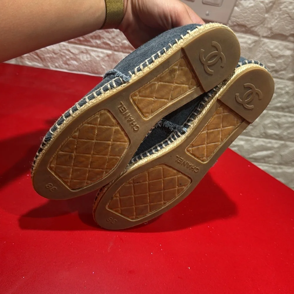 CHANEL Black Denim Espadrille Flats with CC Logo